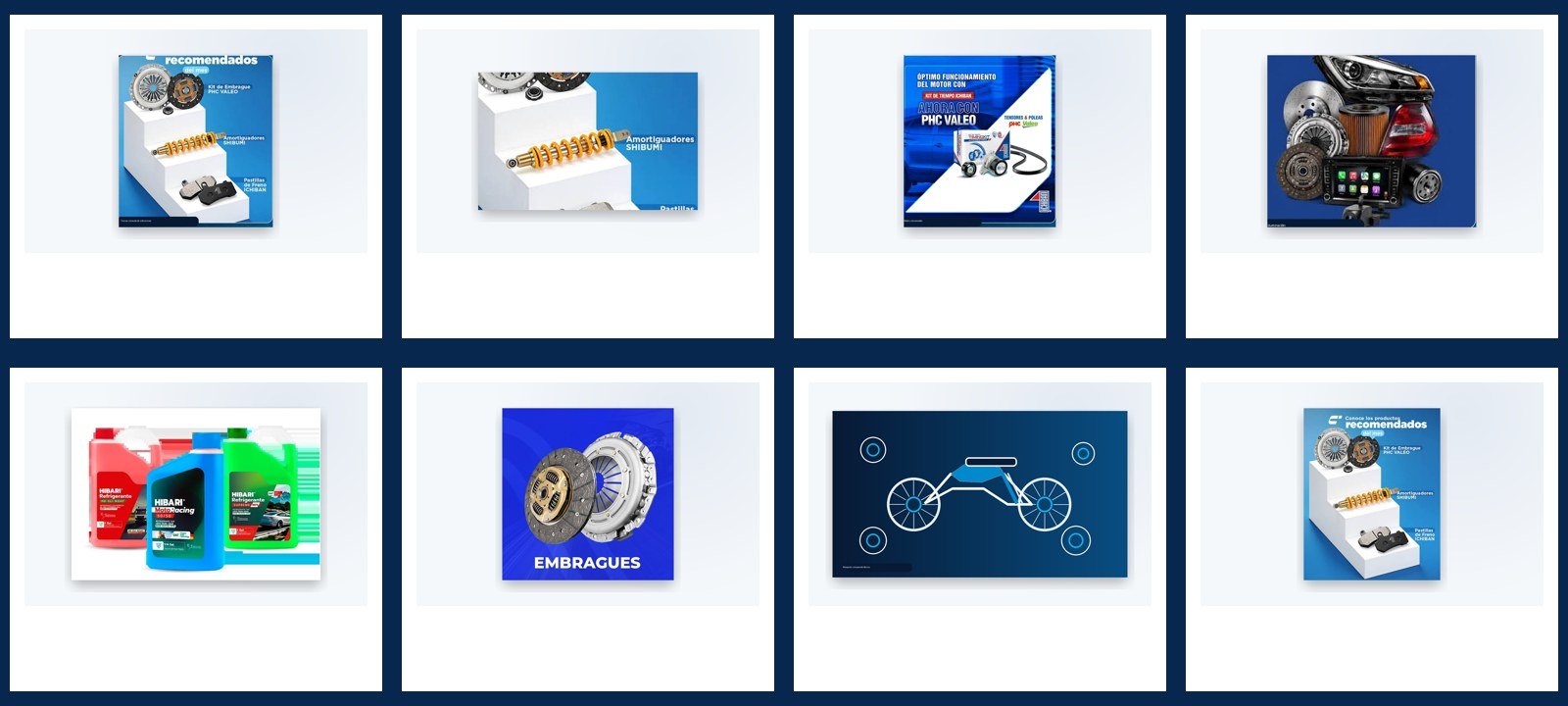 Portafolio visual de repuestos IMPOCALI: frenos, suspensión, motor, filtración, refrigeración, embragues y motopartes